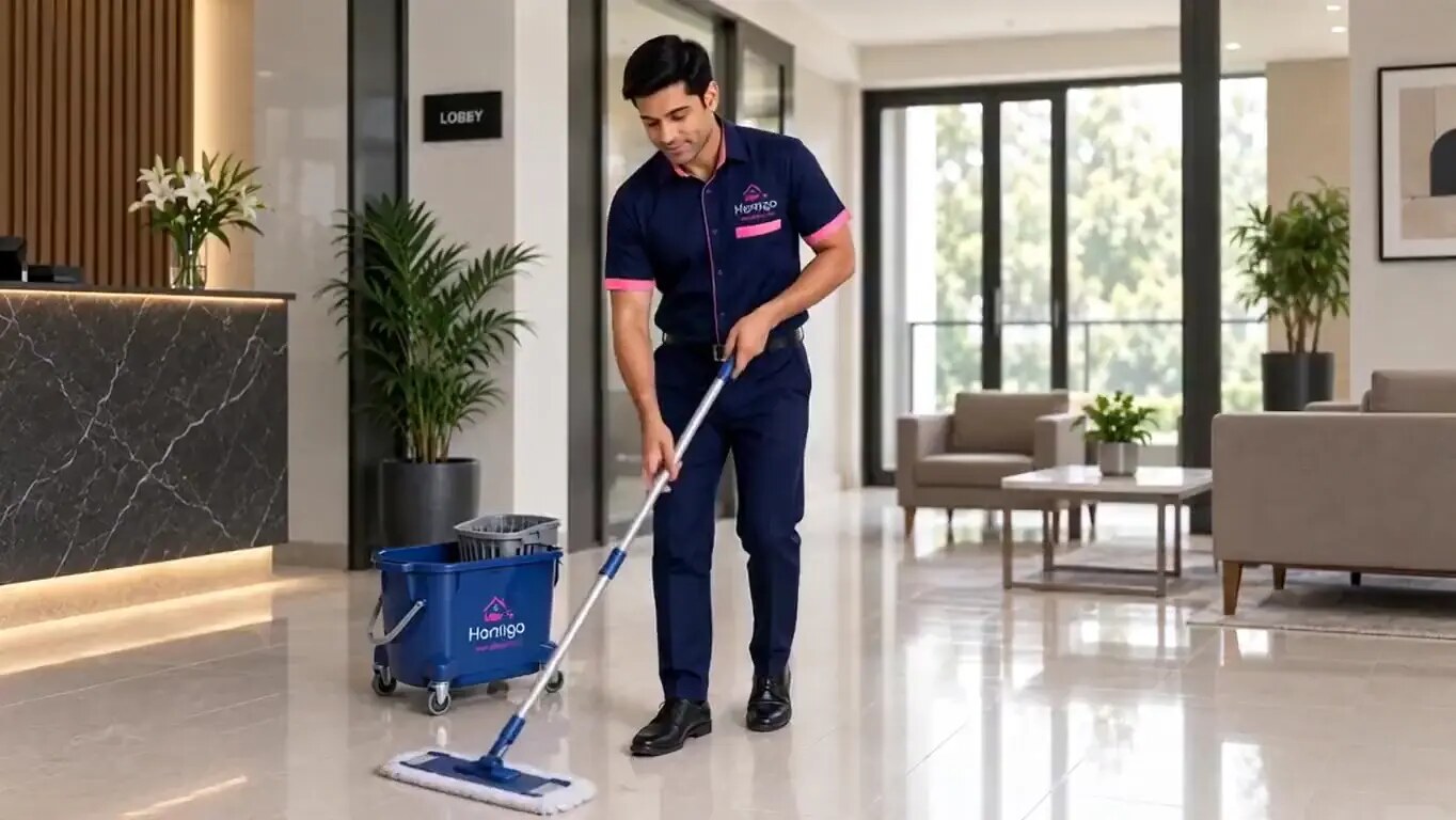 A Homigo professional moving from floor care into detailed restroom cleaning