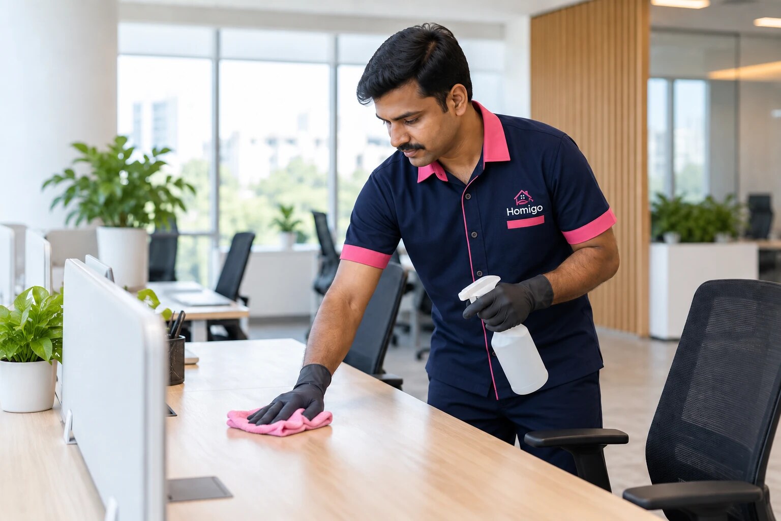 A professional cleaning a shared office workspace